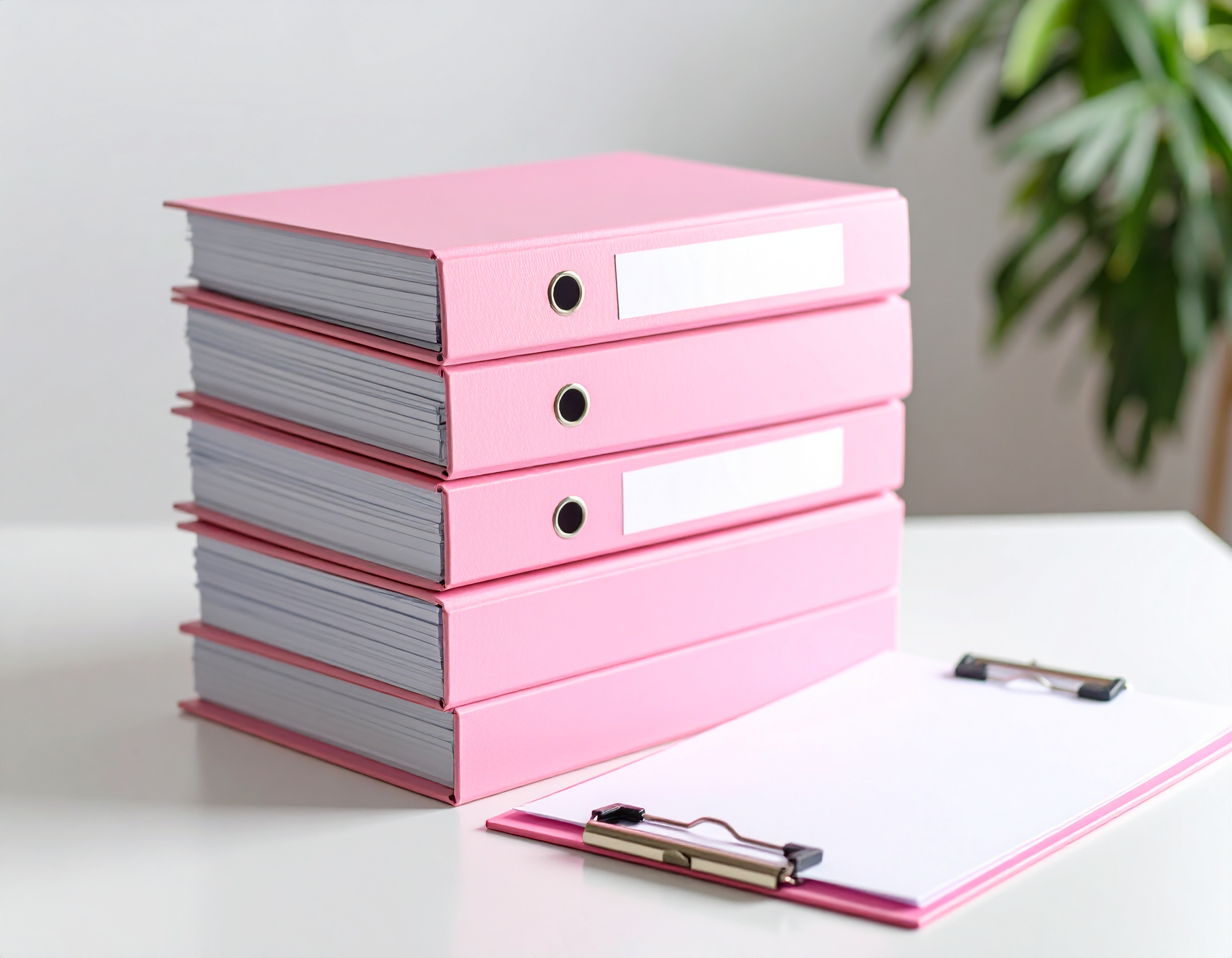 Close-up of a neatly stacked file folder with a pink clipboard and checklist, representing professional compliance management