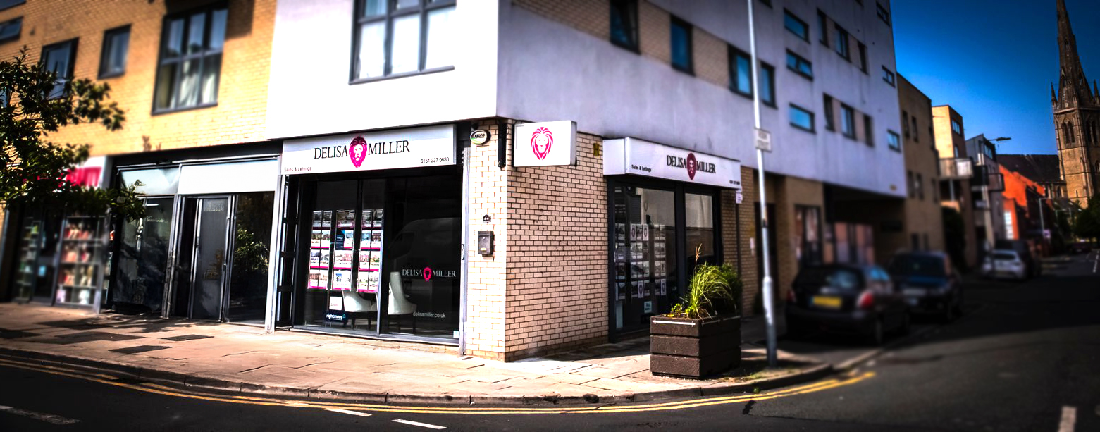 Delisa Miller – 13 Years of Lettings Experience in Manchester Wide view of the Delisa Miller estate agent shop front in Manchester, showcasing 13 years of lettings experience