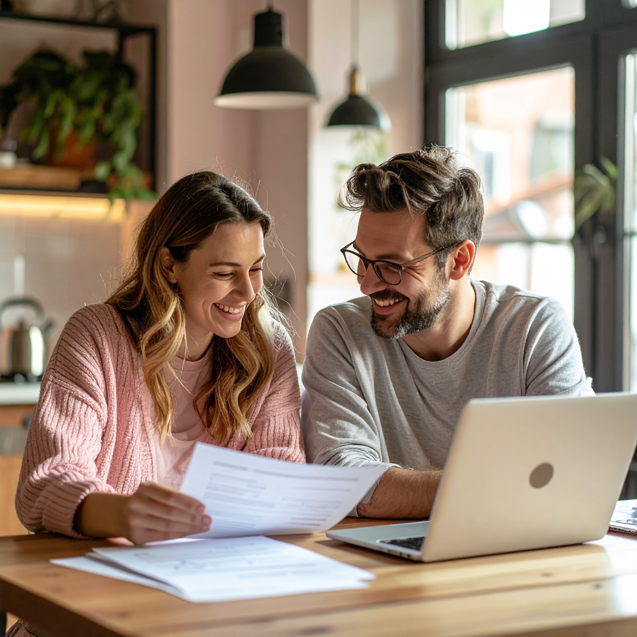 Relaxed couple reviewing insurance options at home, symbolising no obligation to commit to a policy with Delisa Miller