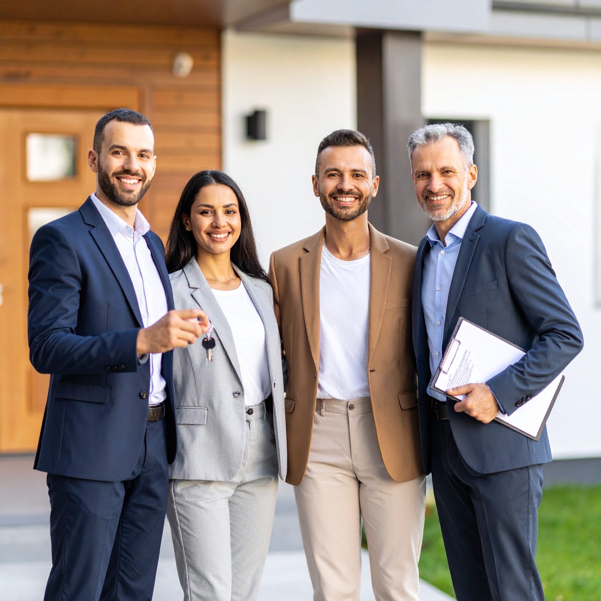 Diverse group of tenants, landlords, and homeowners standing outside a modern UK property, symbolising Delisa Miller’s inclusive insurance support services