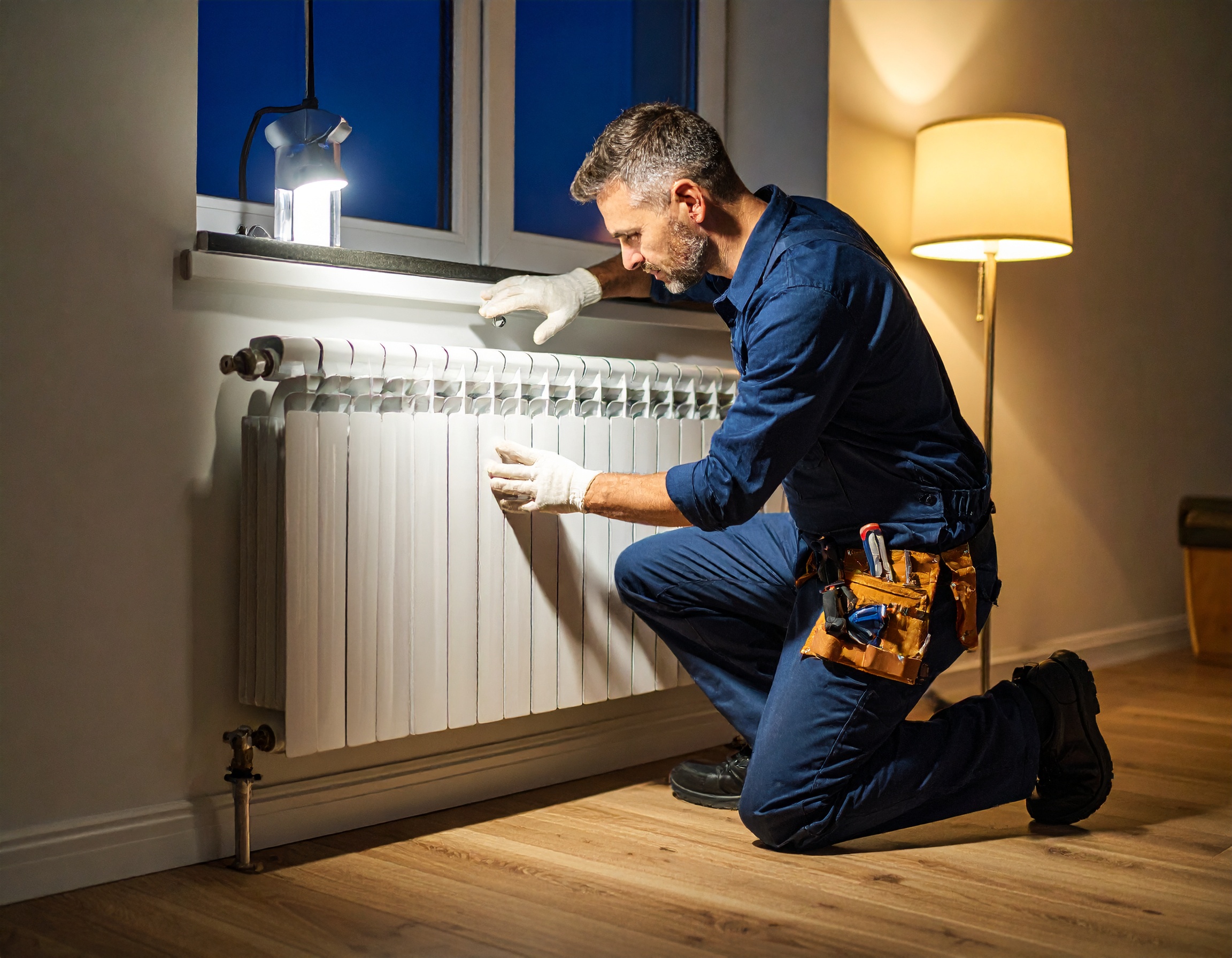 Maintenance professional fixing a light or radiator in a UK flat at night, representing 24/7 maintenance handling services by Delisa Miller