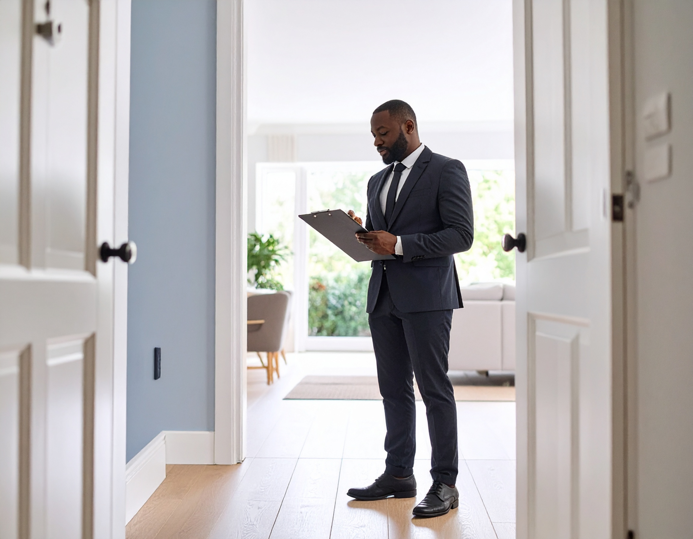 Property manager with a checklist inspecting a clean, modern apartment, representing Delisa Miller’s regular property inspection service for landlords