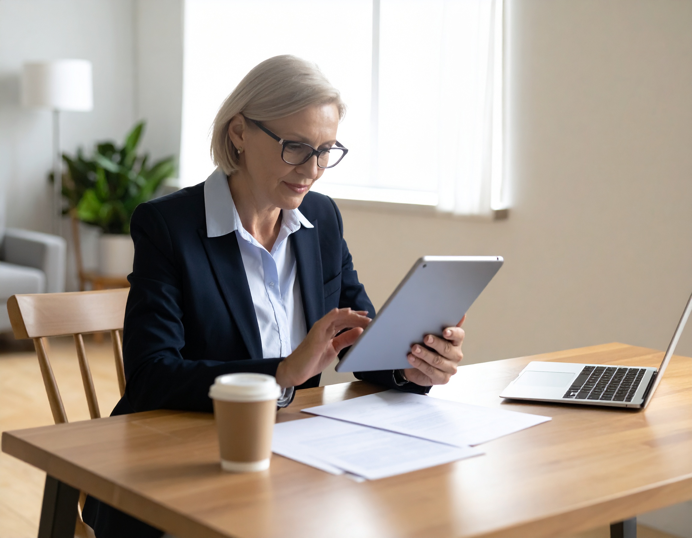 Confident landlord and letting agent reviewing rental income data on a tablet, representing rent reviews and renewal services from Delisa Miller