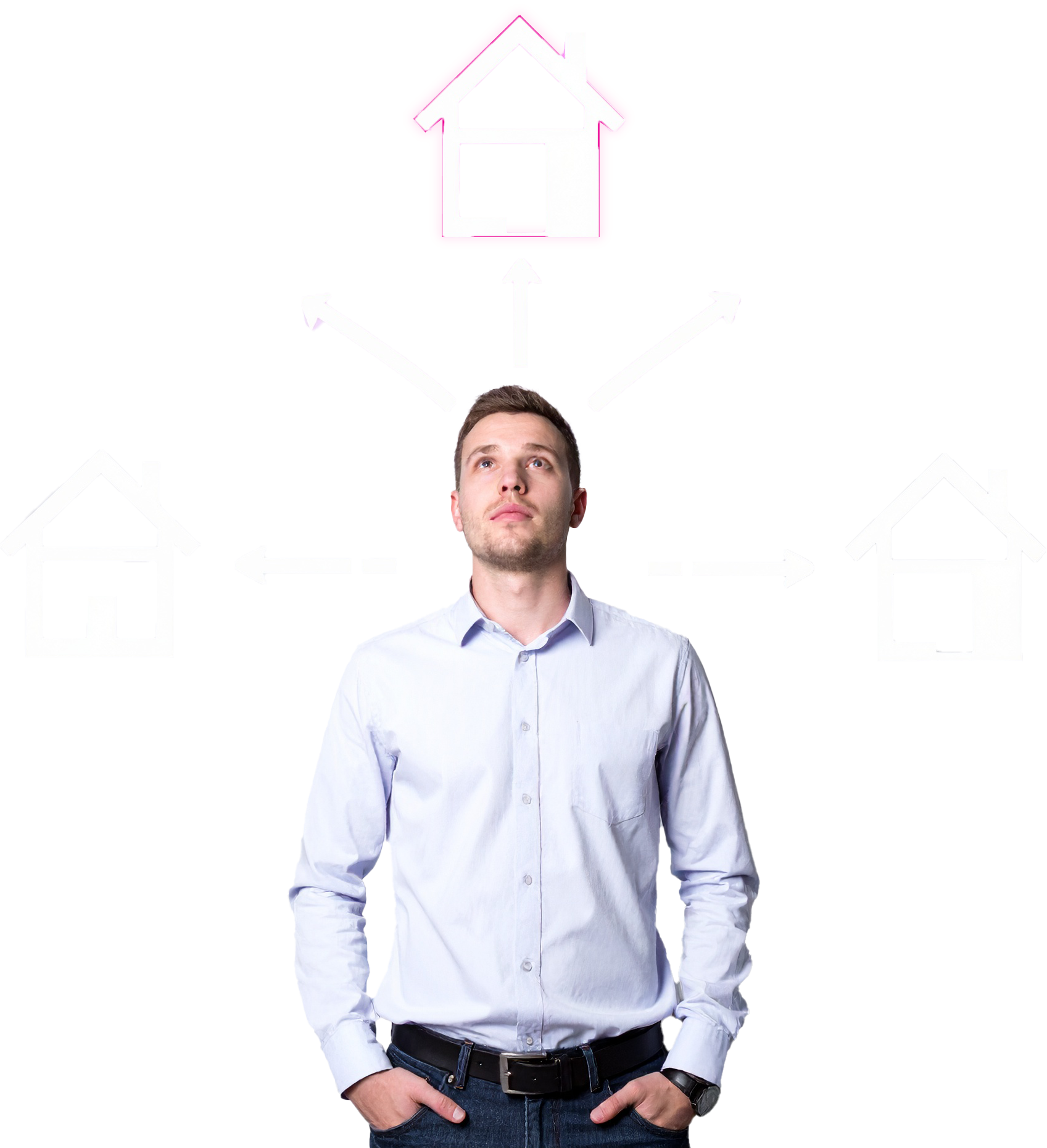 Young man looking up at multiple property choices with a pink house icon above his head