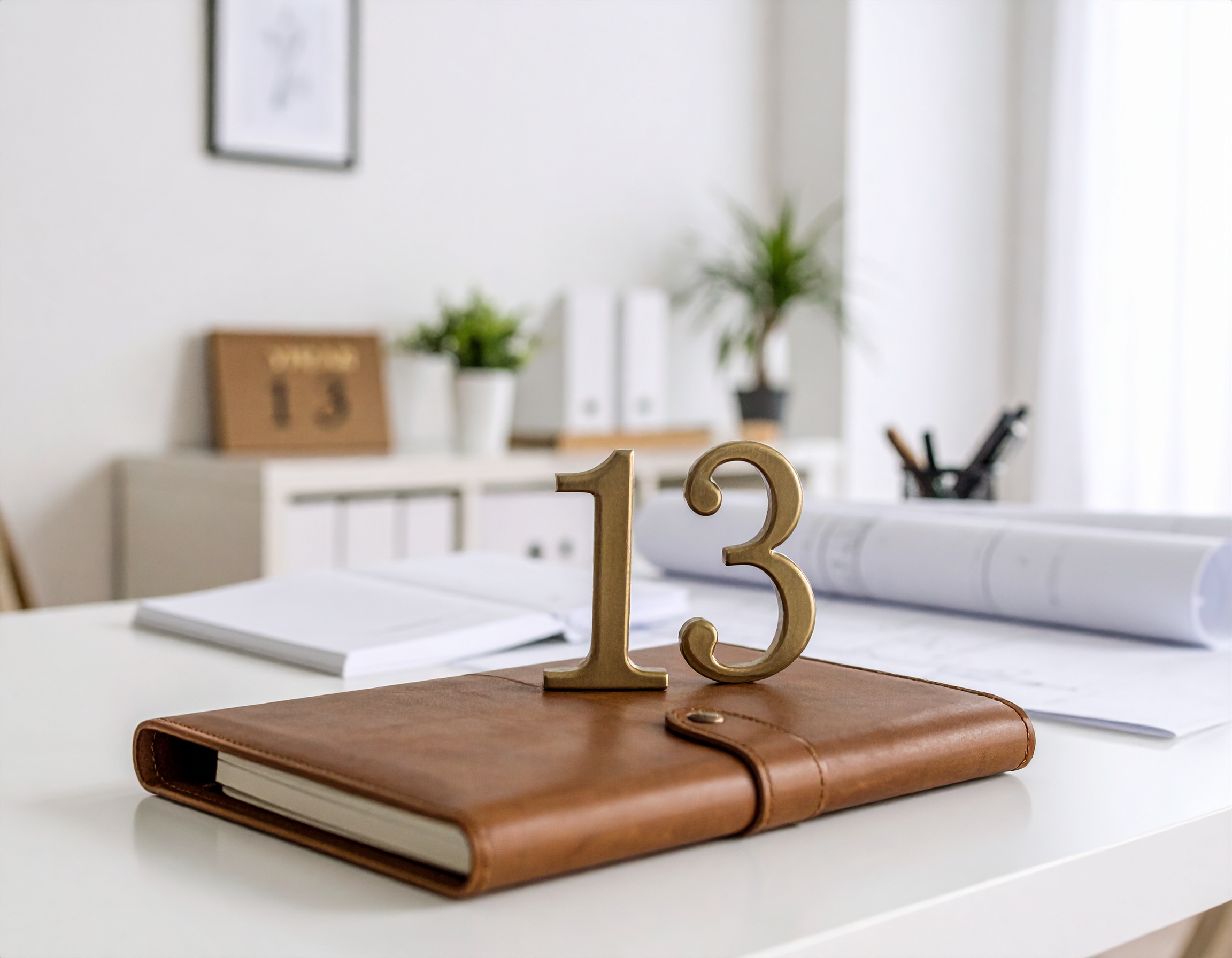 Sophisticated office scene with a leather notebook, plans, and the number 13 symbolising time gained through property management