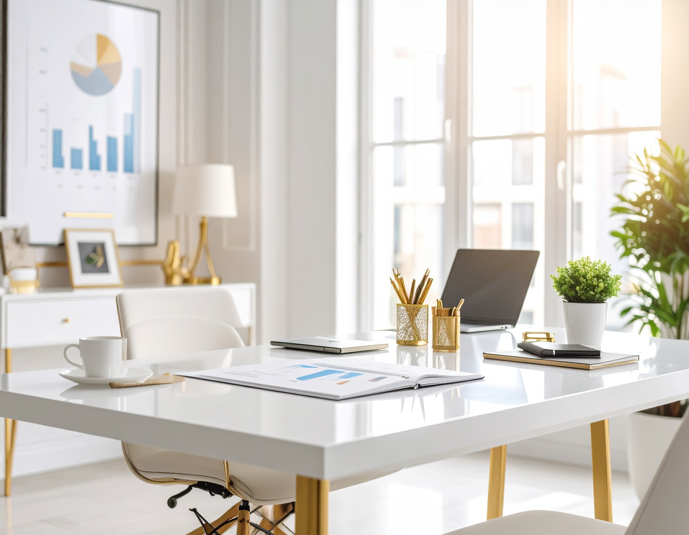 Elegant real estate office with charts and property reports on a white desk, representing clear and consistent communication