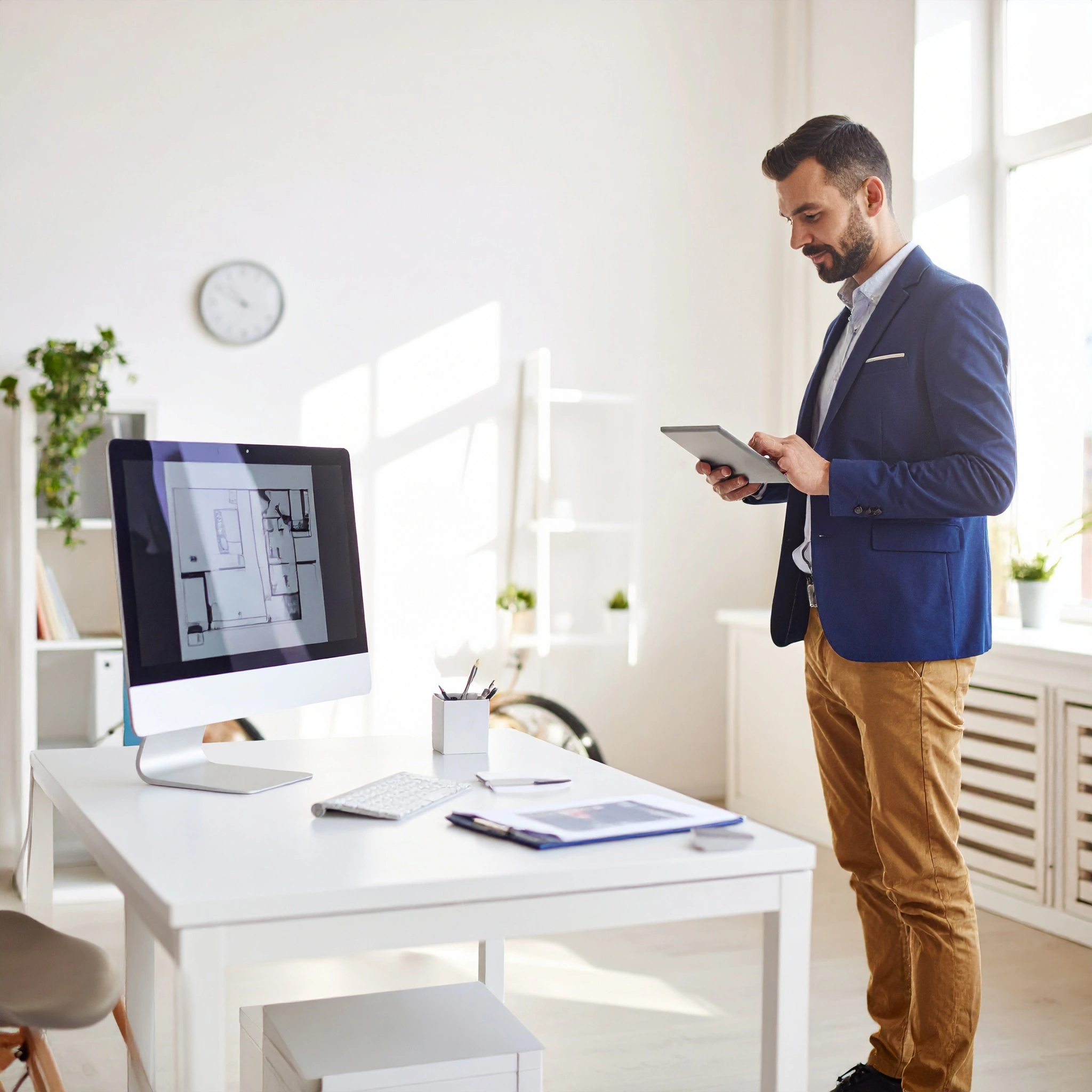Property developer reviewing CGI visuals and digital plans for an off-plan project in Manchester.