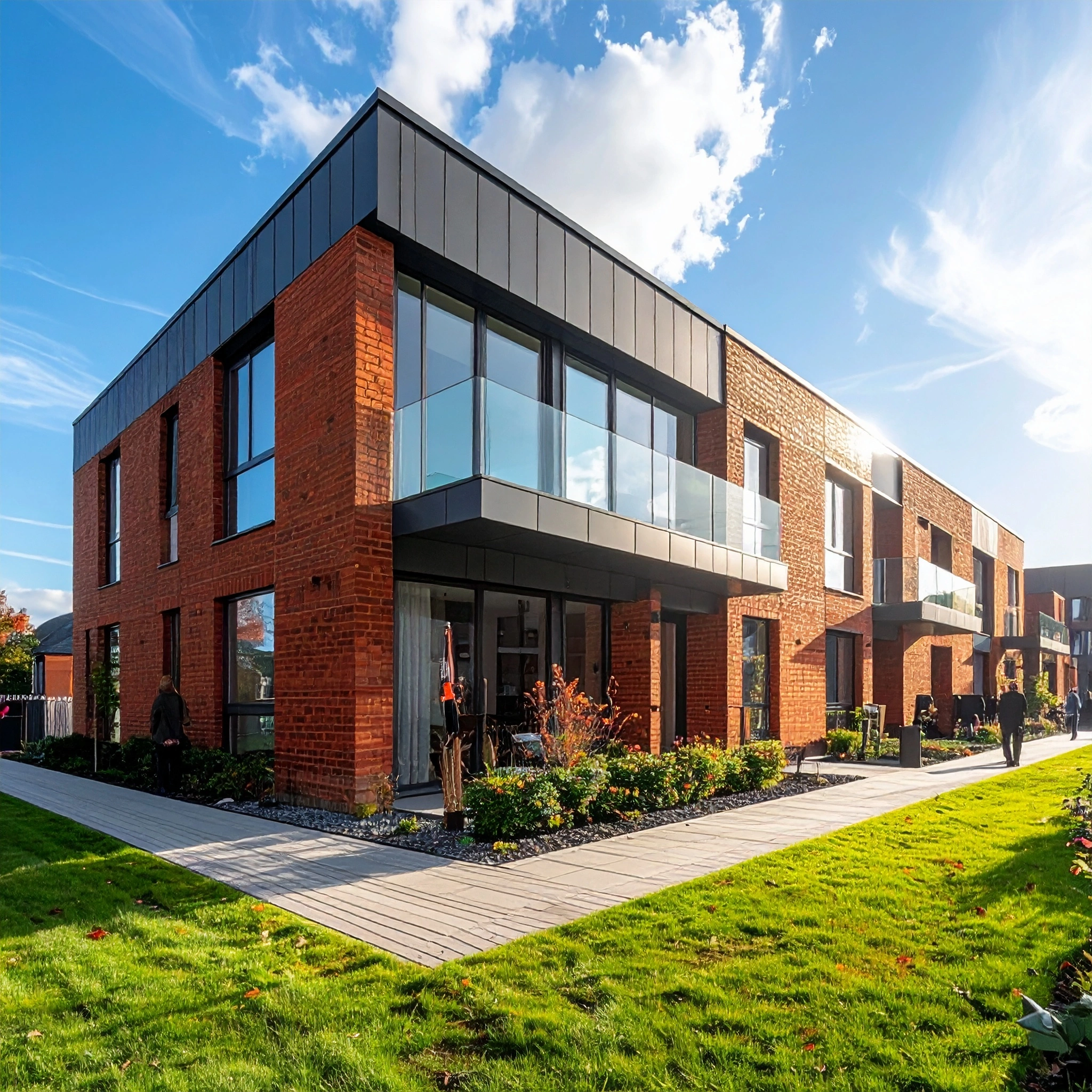 Modern new-build apartment development in Manchester during a property launch event with estate agents on site.