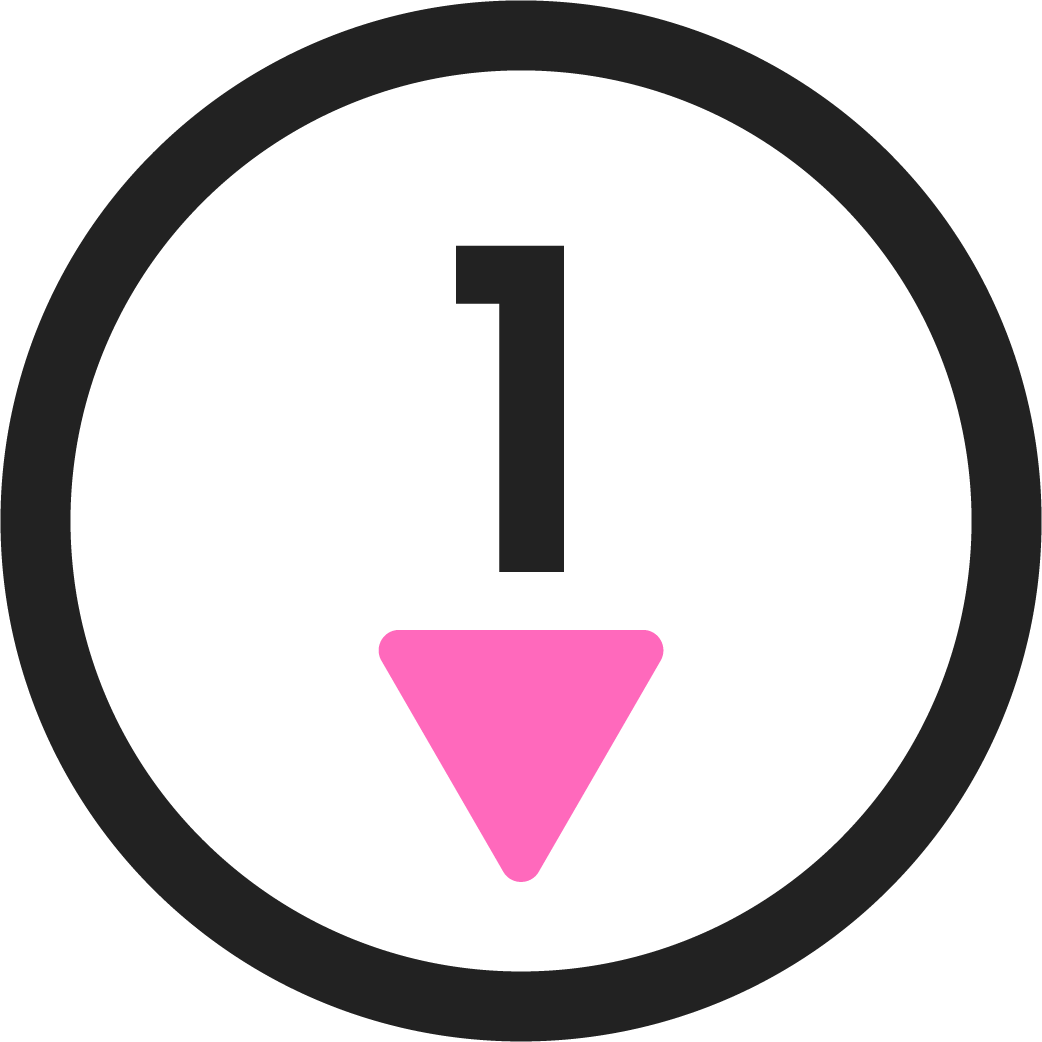 Black elliptical icon with number 1 and pink downward arrow, representing step 1 in the tenant process with Delisa Miller