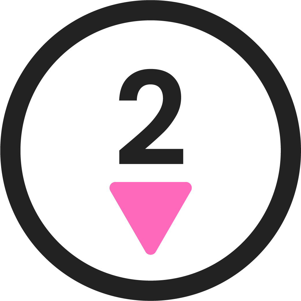 Black elliptical icon with number 2 and pink downward arrow, representing step 2 in the tenant process with Delisa Miller