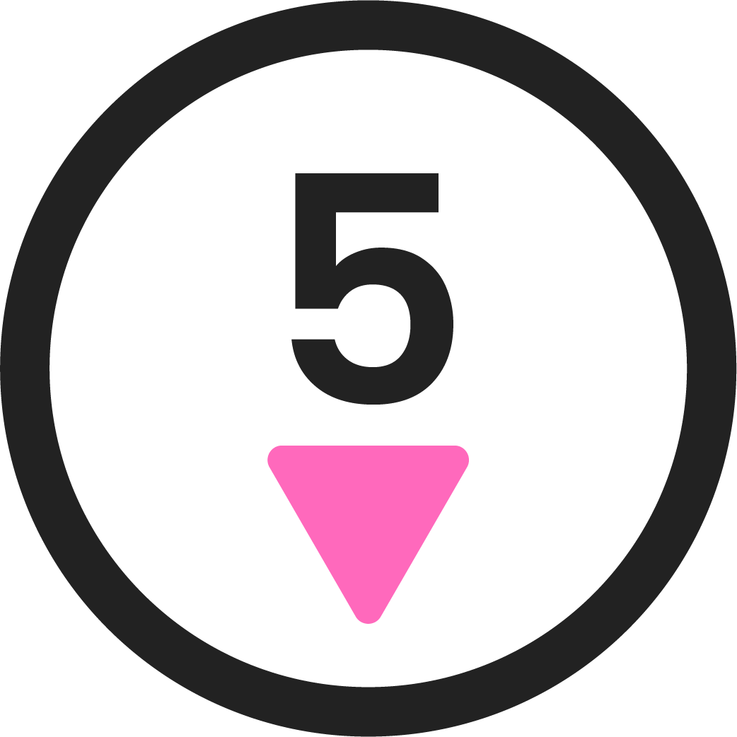 Black elliptical icon with number 5 and pink downward arrow, representing step 5 in the tenant process with Delisa Miller