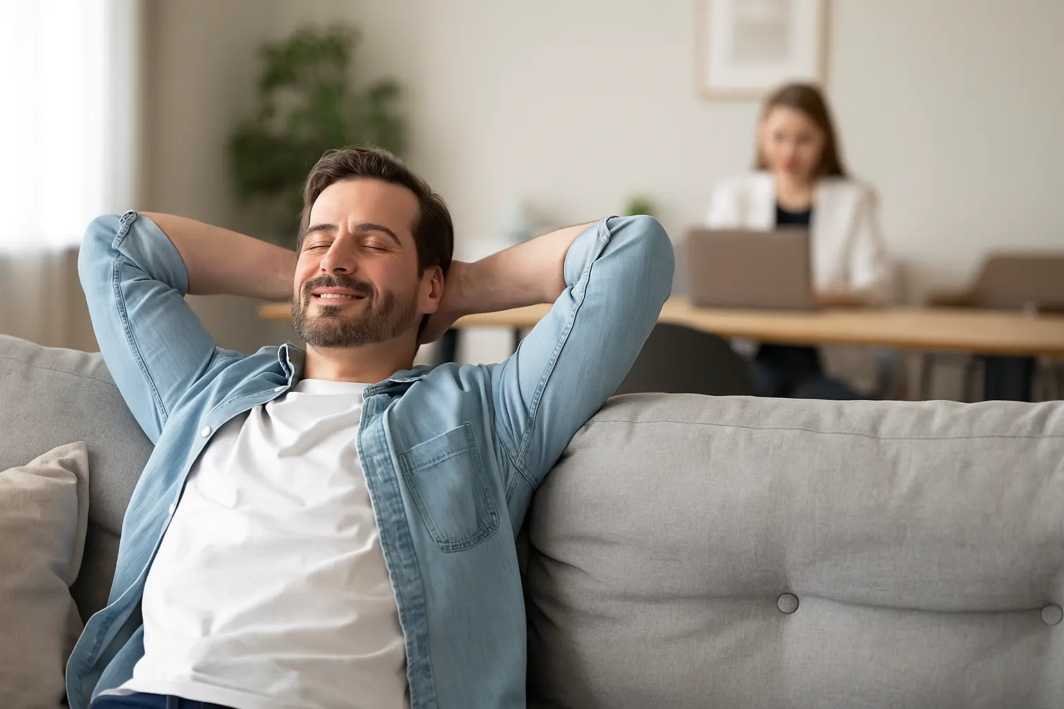 Stress-free property letting for landlords – Delisa Miller Manchester Relaxed landlord sitting comfortably at home using a laptop, representing stress-free property management and letting services by Delisa Miller in Manchester.